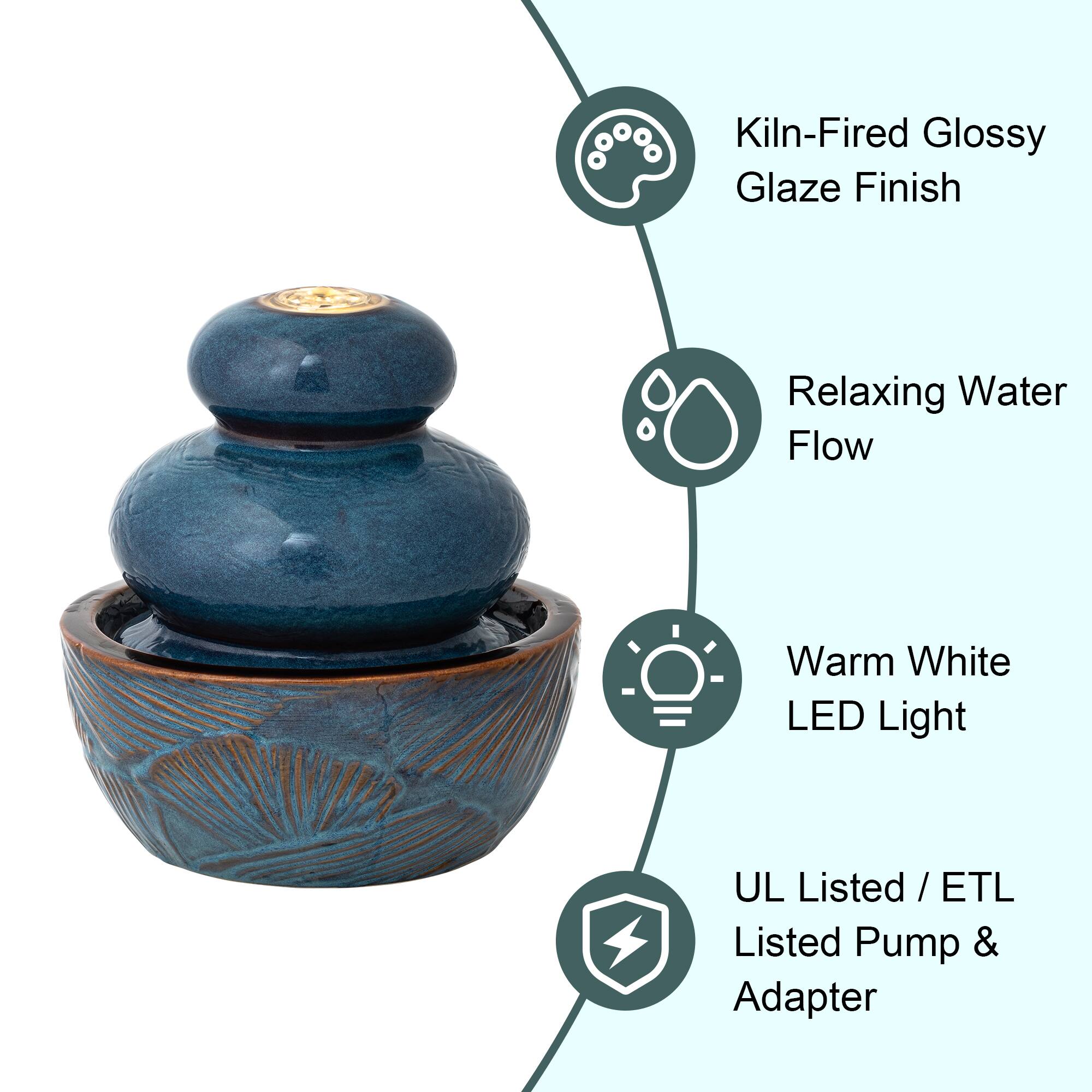 Glitzhome® 8.75" LED Turquoise Leaf Textured Ceramic Tabletop Fountain